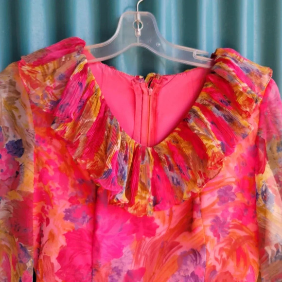 Vintage Pink Floral Chiffon Dress  Long Sleeves Long Small 70s Mrs, Roper - Picture 4 of 12